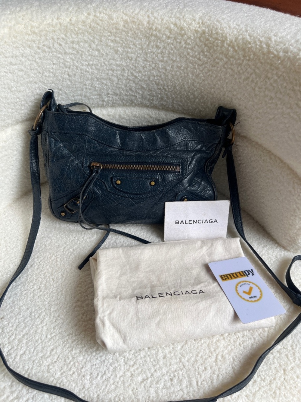 Authentic Balenciaga Navy Blue Hip City Leather Bag